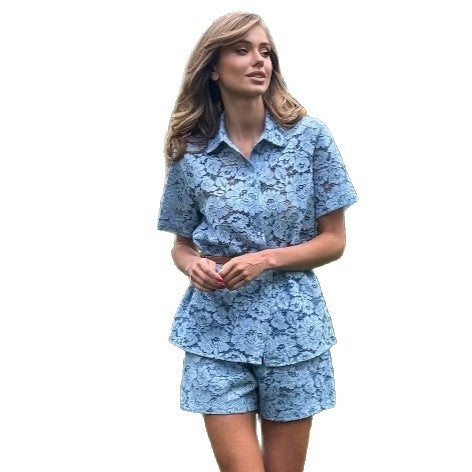 Dame elegant kortærmet bluse- og shorts-sæt i lace Stilla