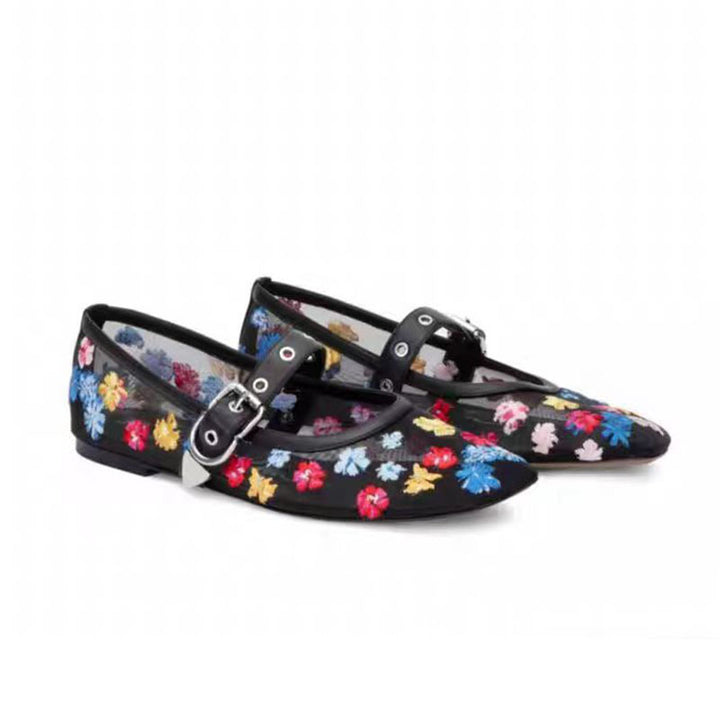 Dame floral dekorerede ballerinaer med justerbar rem Stilla