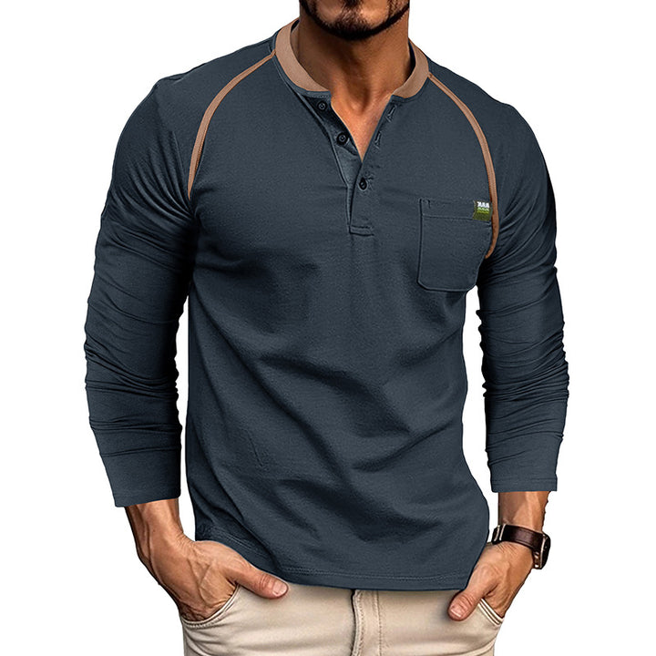 Herrernes langærmede Henley-shirt med moderigtige kontrastsømme og brystlomme Stilla