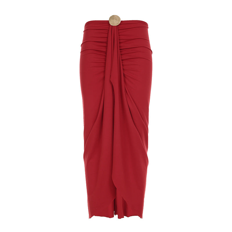 Dame elegant vikrør med rynker og dekorativ knap Skovae