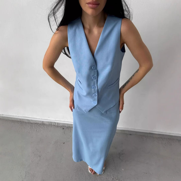 Damer elegant og figurslående to-delt sæt med ærmeløs blazer Stilla