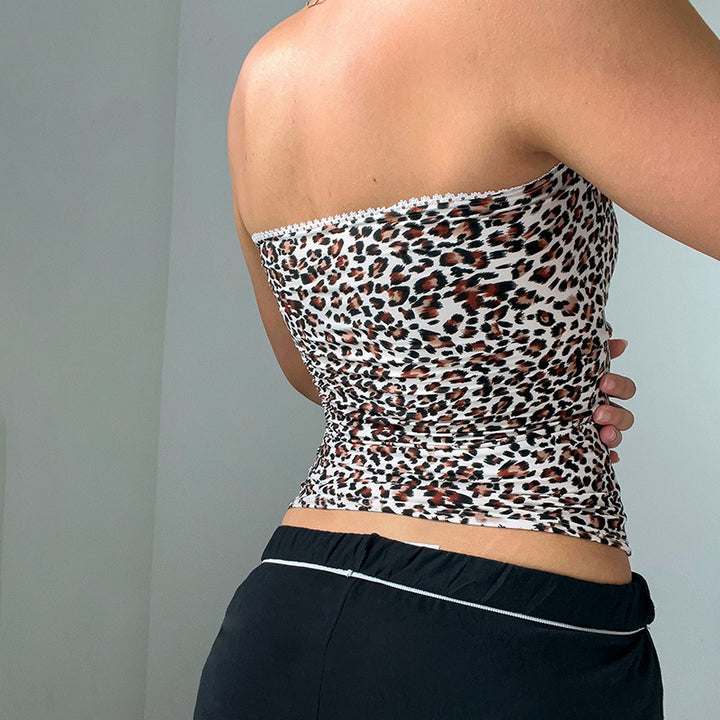Dame bandeau-top i leopardmønster med fine spaghetti-stropper Stilla