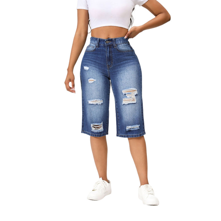 Dame Ripped Denim Bermuda-Shorts med høj talje og afslappet snit Stilla