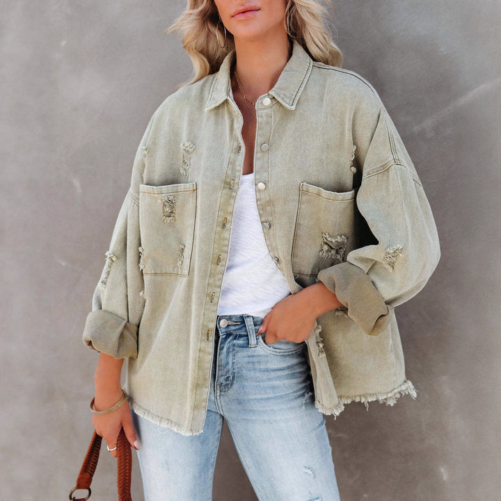 Dame løs oversized denimjakke med frynser og dekorative knapper Skovae