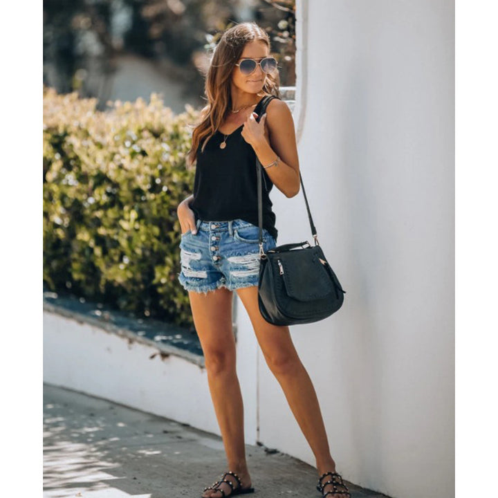 Dame Stilfulde Destroyed Denim-Shorts med knaplukning Stilla