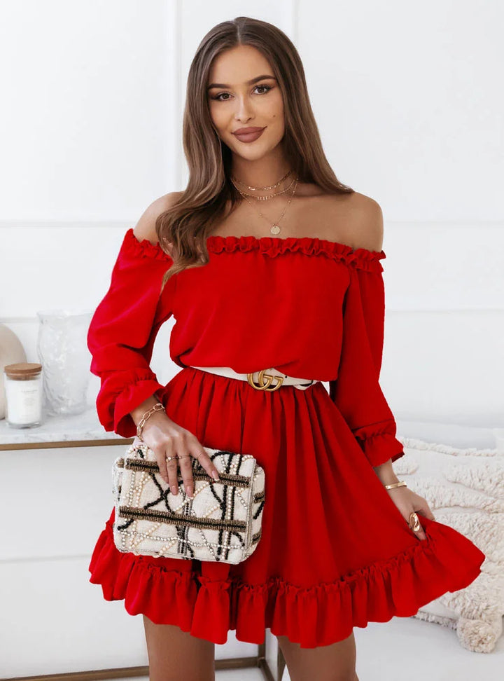 Dame Off-Shoulder Kjole med Ruffle-detaljer og elastisk Bånd Stilla