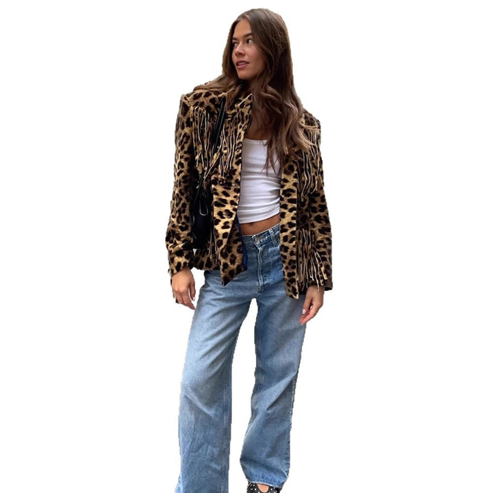 Dame leopard-veloursjakke med frynser og moderne snit Stilla