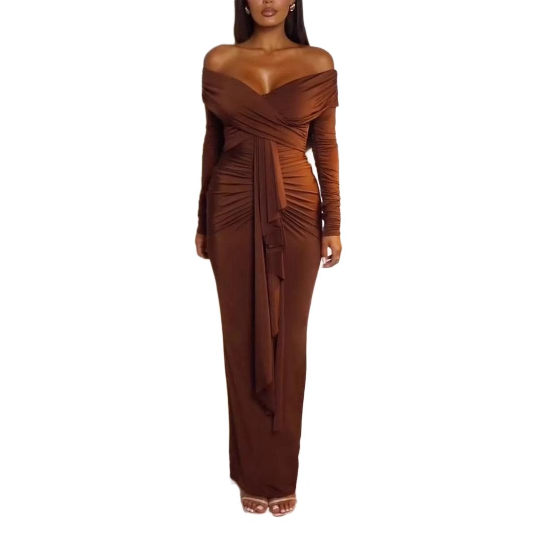 Damer Elegant og Figur-Fittende Aftenkjole med Off-Shoulder Design og Ruffles