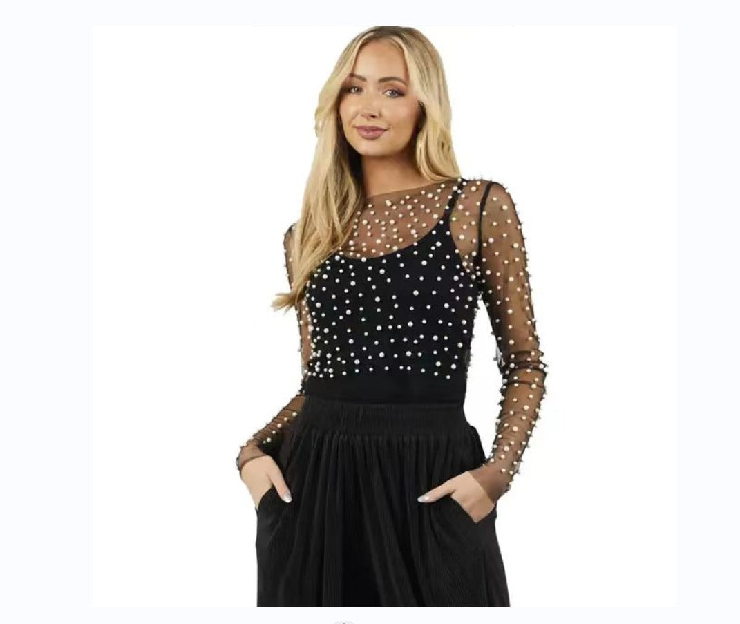 Damer transparent tyl bluse med perleudsmykning Stilla