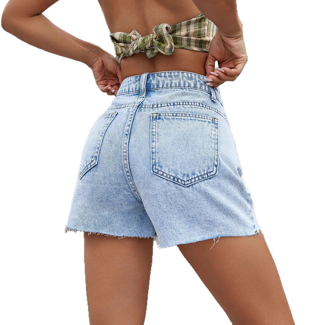 Dame High-Waist Denim-Shorts med dekorativt snit og frynset kant Stilla