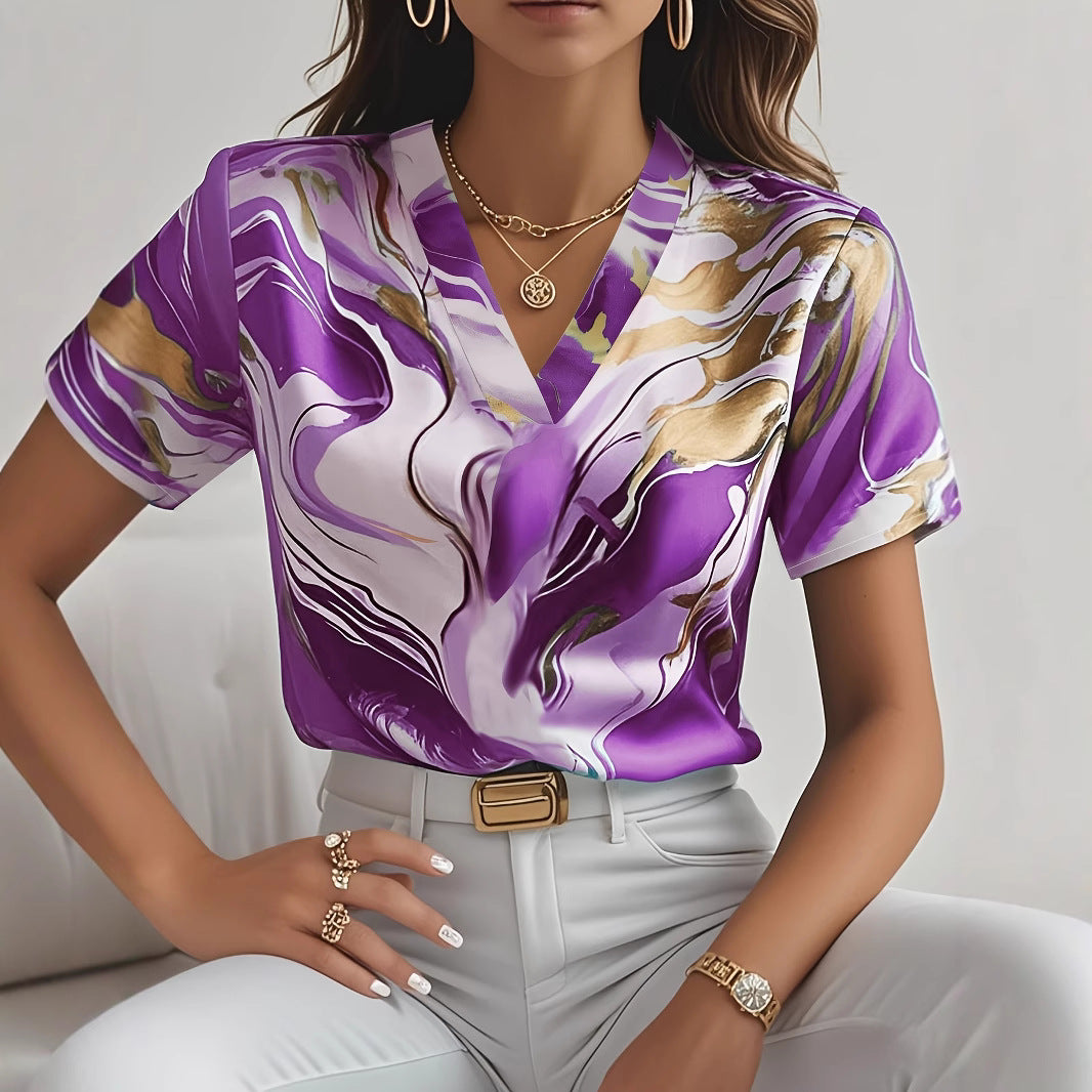 Dame Viskosebluse med elegant Marmor-stil og V-udskæring Stilla
