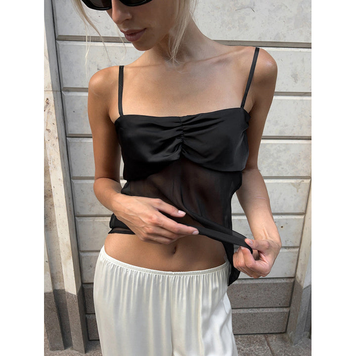 Damen Sexy Trägertop mit transparentem Stoff und raffiniertem Falten-Design Skovae