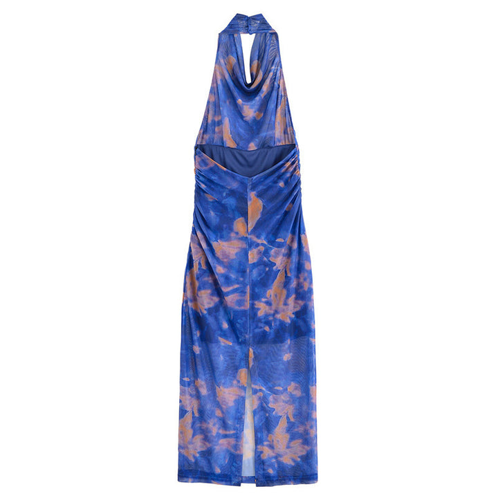 Dame Halter Neck Maxi Kjole med floral Drapering Stilla