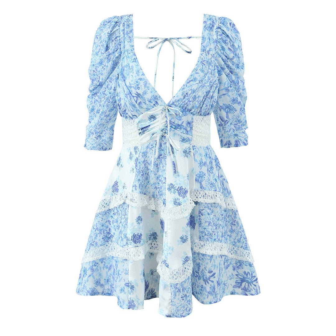 Dame Floral Print Mini Kjole med Puffærmer Stilla