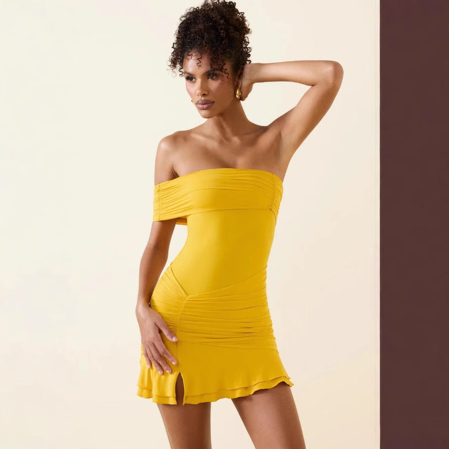 Dame Off-Shoulder Minikjole med drapering og sidelængde slids Stilla