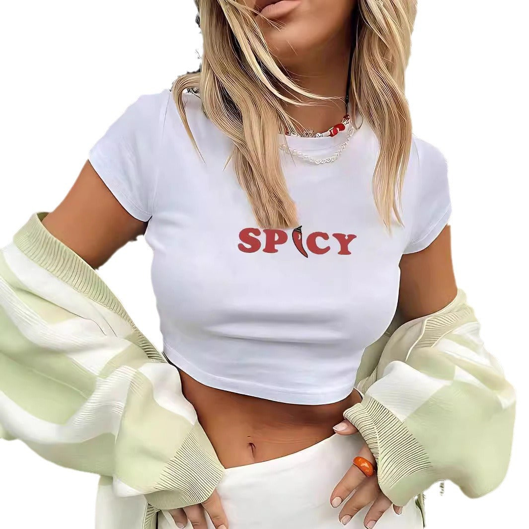 Dame Crop-T-Shirt med kreativ nostalgi-tryk og afslappet pasform Skovae