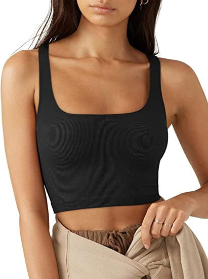 Dame cropped top med brede stropper og fint ribmønster Skovae