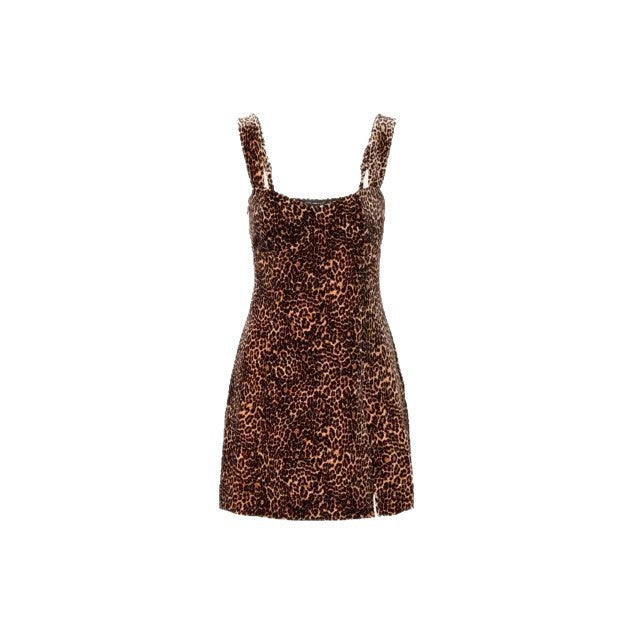 Dame figursyet minikjole med leopardmønster og elegante stropper Skovae