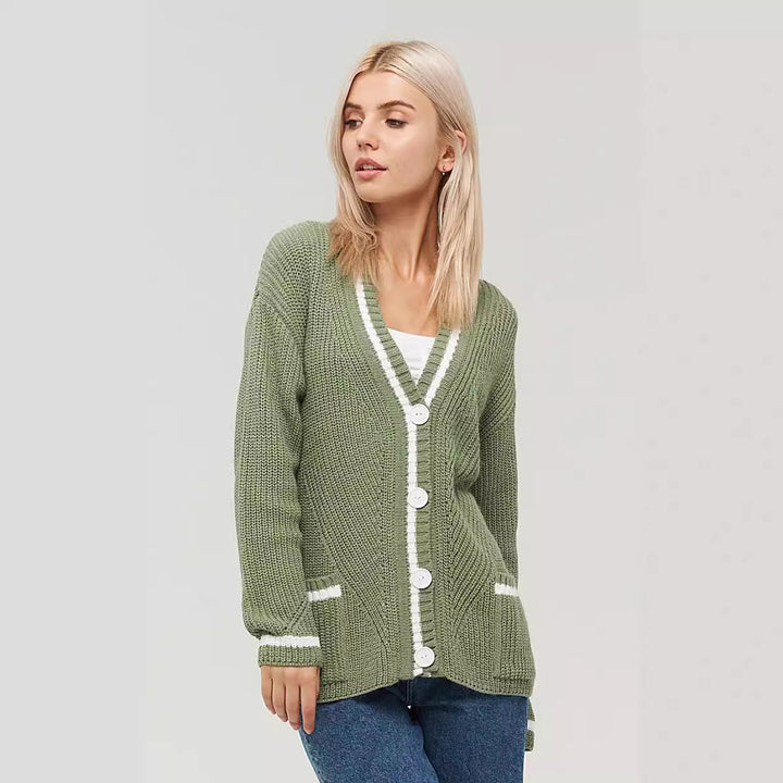 Dame struktureret strik cardigan med kontrastkant Stilla
