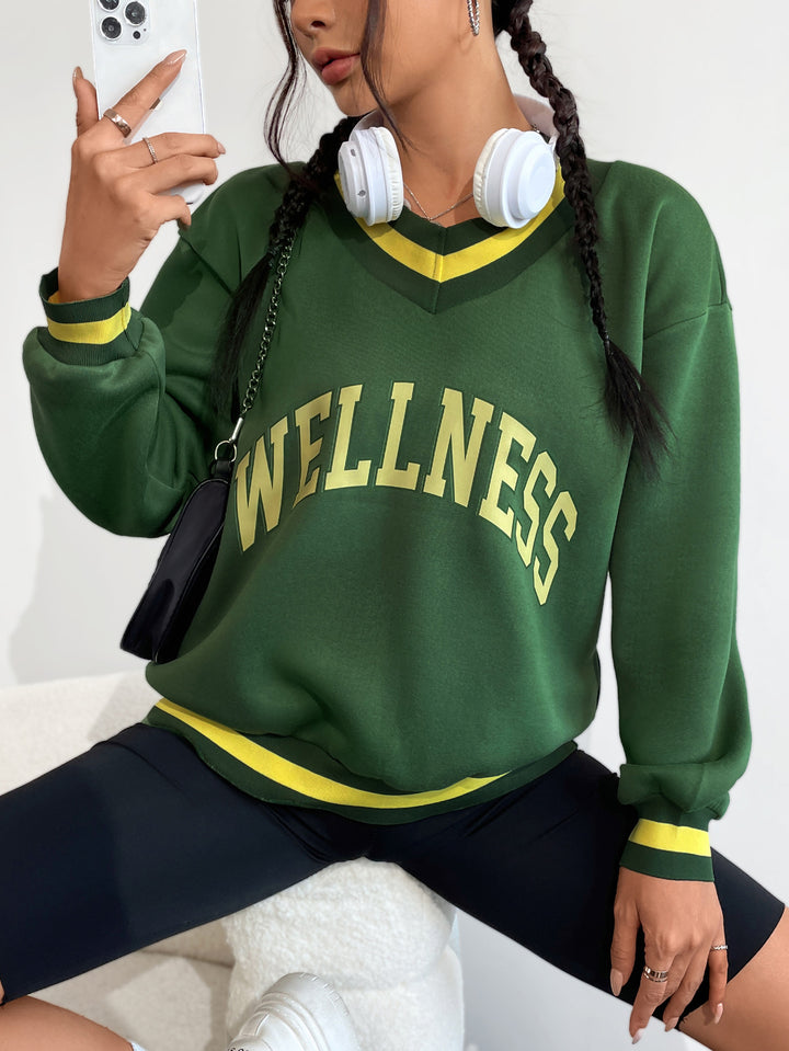 Kvinders sweatshirt med V-hals og kreativ wellness print Stilla
