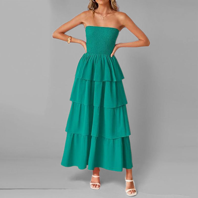 Dame Lang Rynketkjole med off-shoulder design og elastisk overdel Stilla