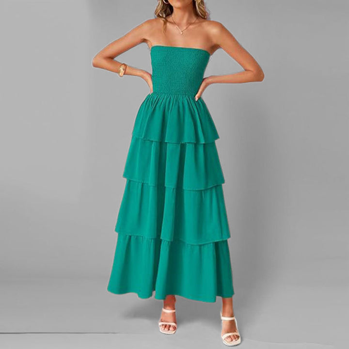 Dame Lang Rynketkjole med off-shoulder design og elastisk overdel Stilla