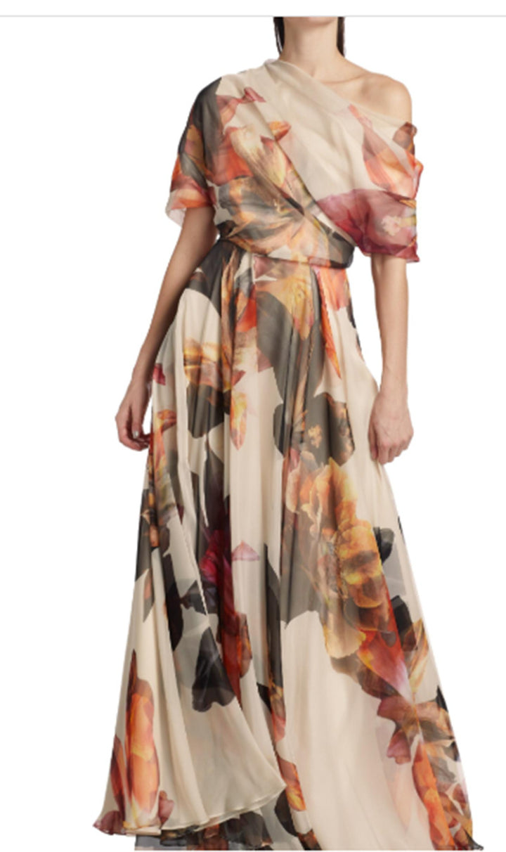 Dame maxikjole med skulderfri design og blomster motiv Stilla