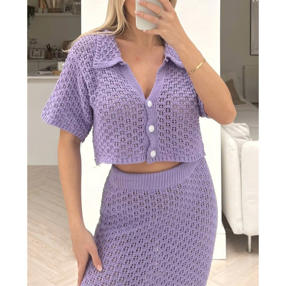 Dame hæklede strandlook med crop-top og maxiskørt Stilla