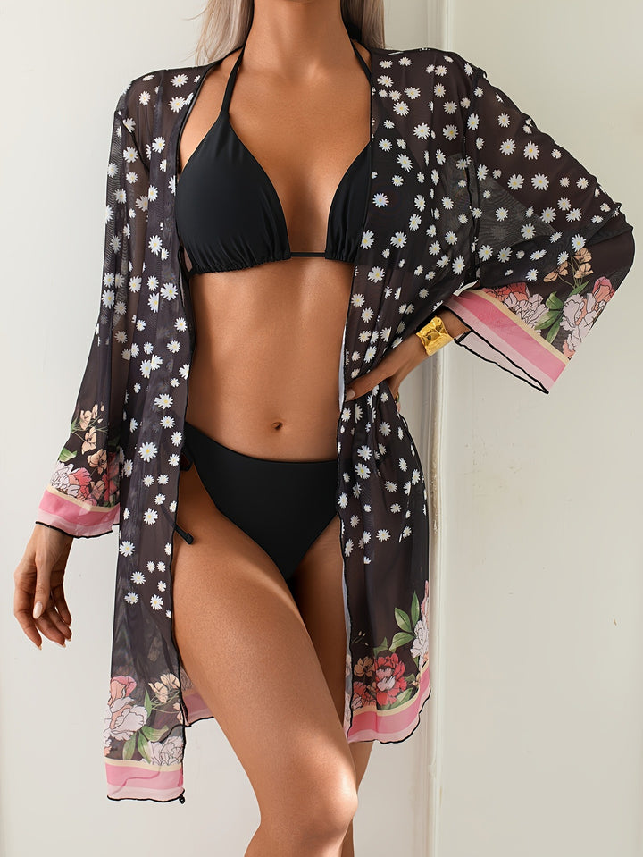 Dame Plisseret Kimono med blomstermotiv Stilla