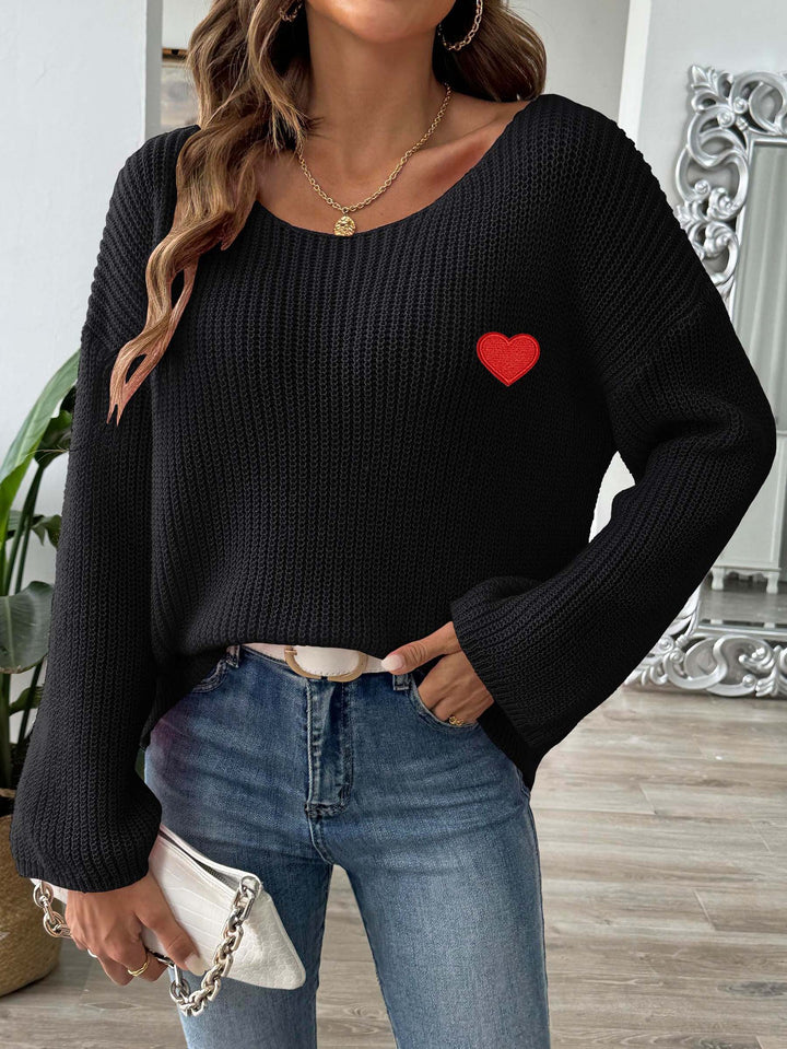 Dame hyggelig strikpullover med vid arm og hjerteformet applikation Stilla