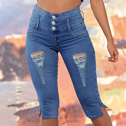 Dame Capri Jeans med højtaljet snit og modige riveskader Stilla