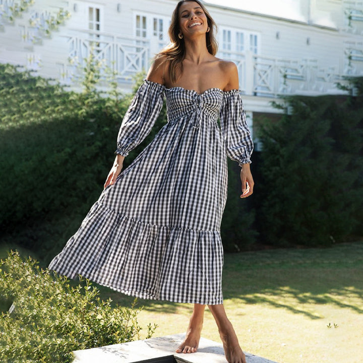 Dame Off-Shoulder Maxikjole med legende flæsedetaljer og ternet mønster Stilla