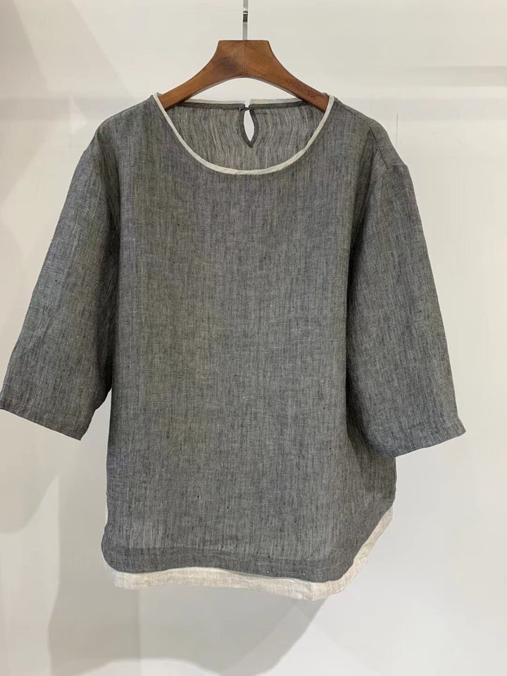 Femme Elegante Linned blouse med trekvartærmer Stilla
