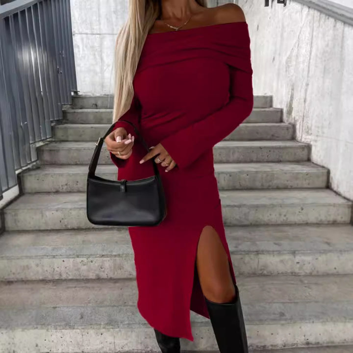 Dame Off-Shoulder Maxikjole med elegant split og lange ærmer Stilla