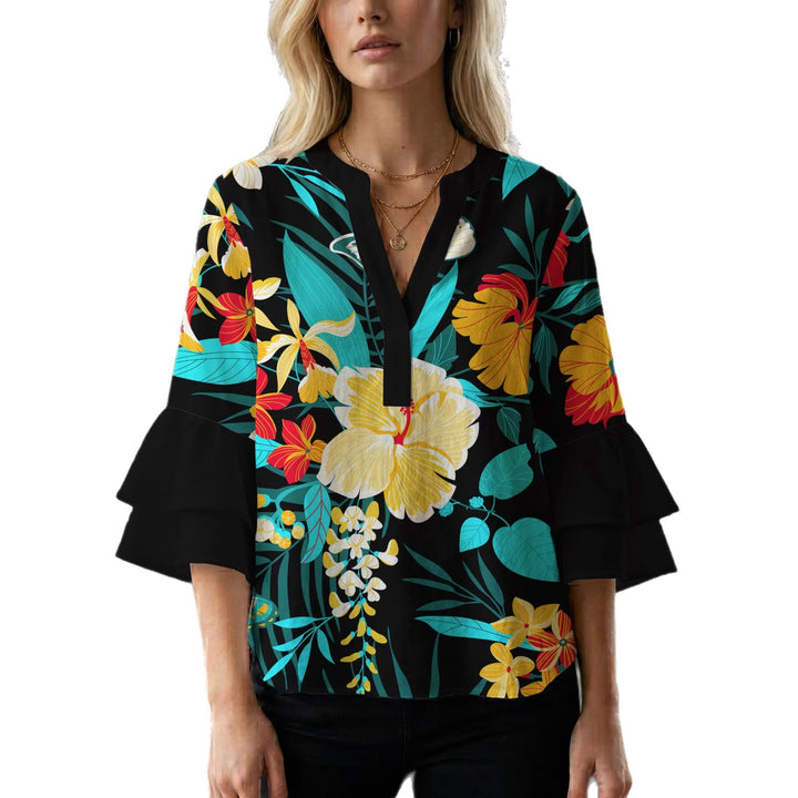 Dame bluse skjorte med voluminøse ærmer og blomstermønster Skovae