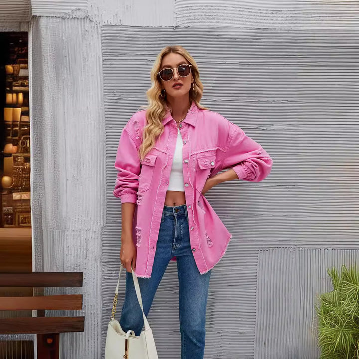 Dame Oversized Denim-Skjortejakke med frynse-detaljer Stilla