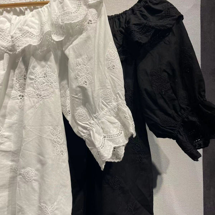 Dame Off-Shoulder Bluse med florale broderier og rynkedetaljer Stilla