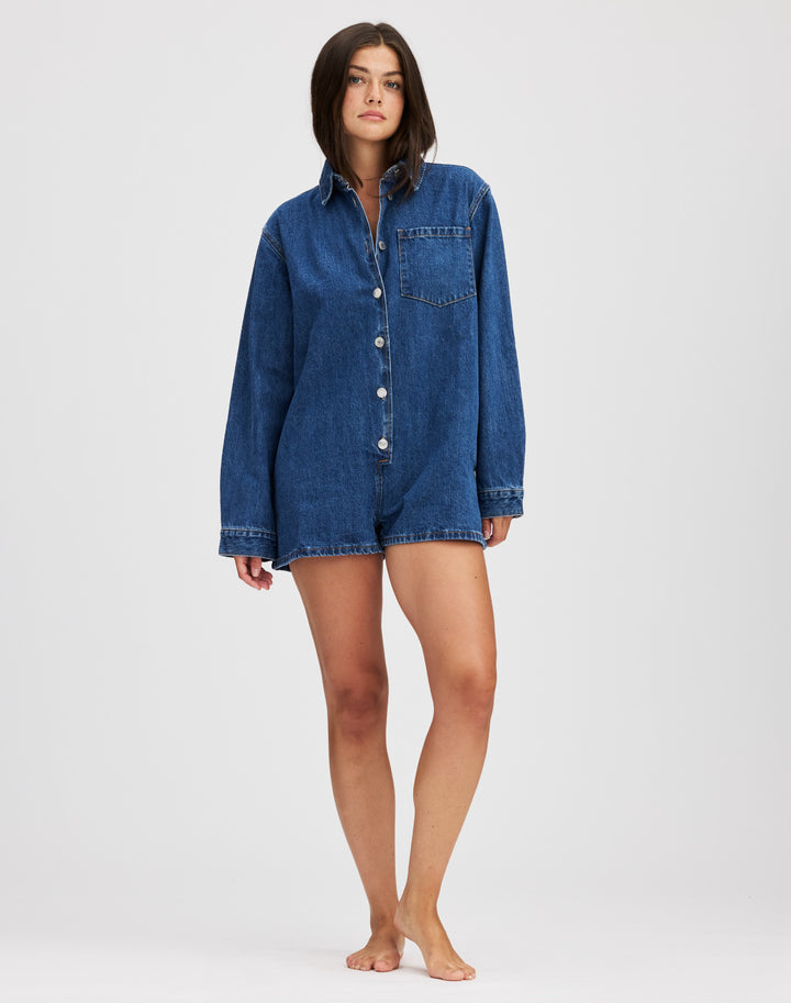Dame Jeans-Overall med kort ærme og praktiske lommer Skovae