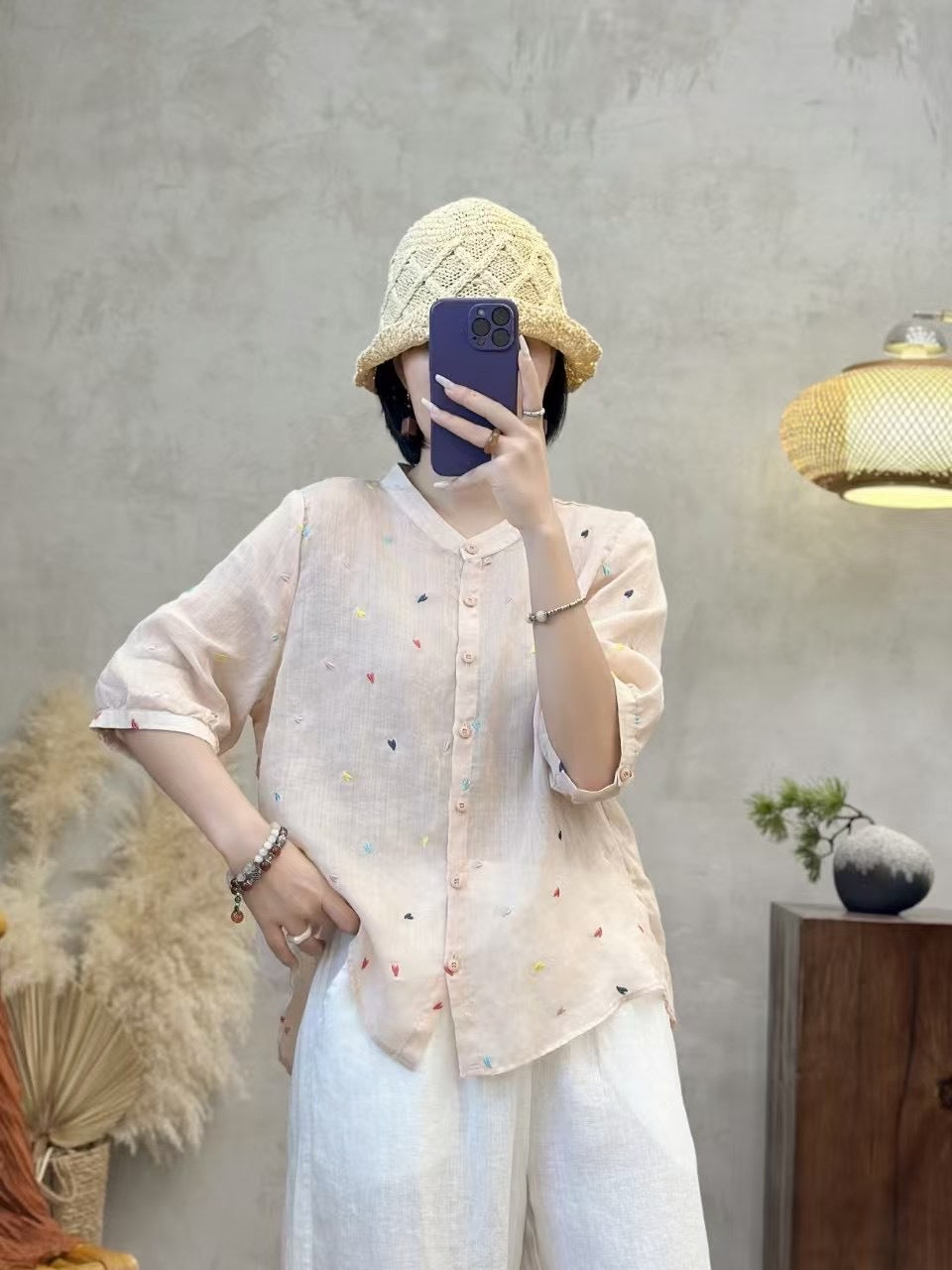 Dame Fritid Let Broderet Button-Up Skjorte Stilla