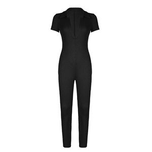 Dame kortærmet jumpsuit med moderne polokrave og tætsiddende snit Skovae