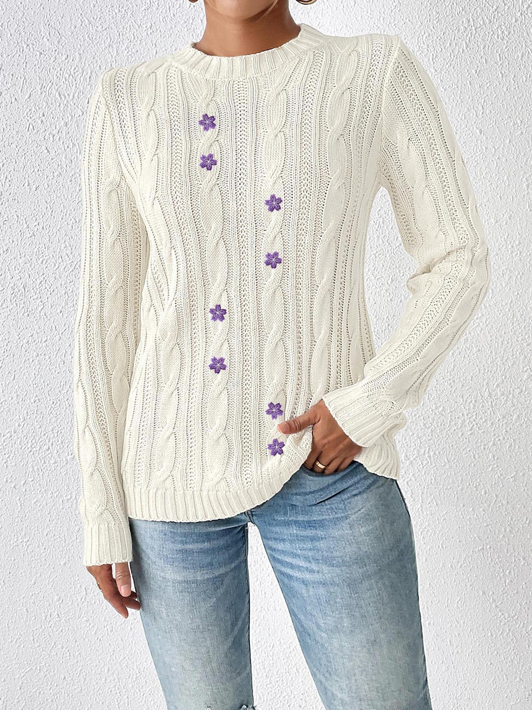 Damer Stor strikpullover med dekorative blomsterapplikationer Stilla