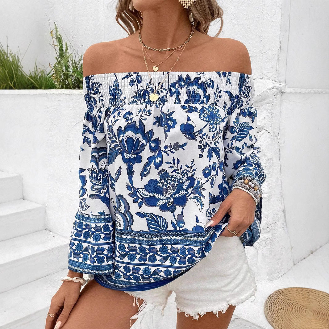 Dame Off-Shoulder Bluse med blomstrede mønstre og flæseærmer Stilla