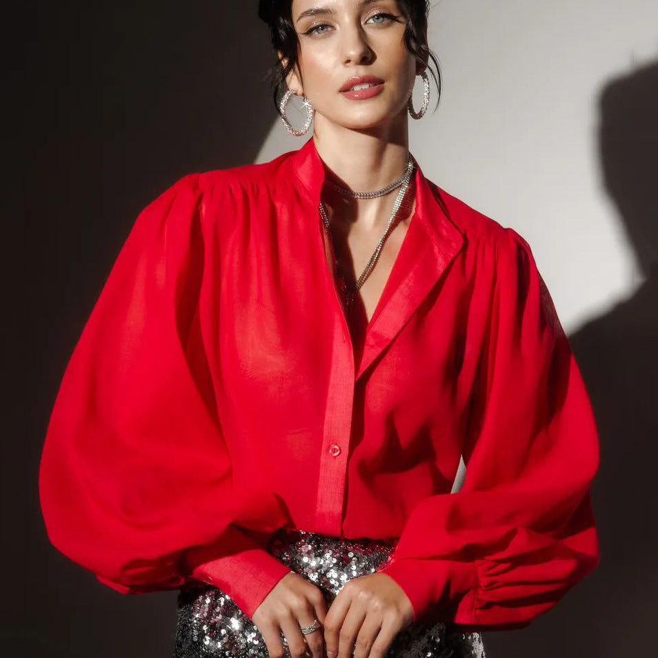 Damer Elegant Bluse med voluminøse Puffærmer og gennemsigtigt Stof Stilla