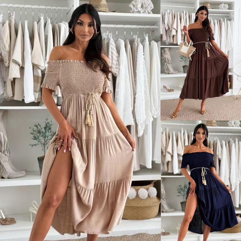Dame Off-Shoulder Maxikjole med rynket overdel Stilla