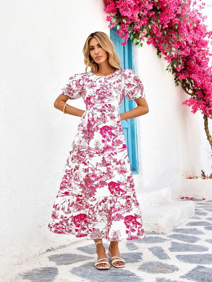 Dame Vintage Blomster Puffærme Maxi Kjole Stilla