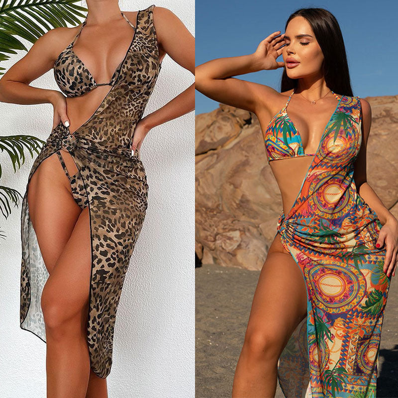 Dame bikini-sæt med elegant indpakningsskørt og moderigtigt dyremønster Stilla