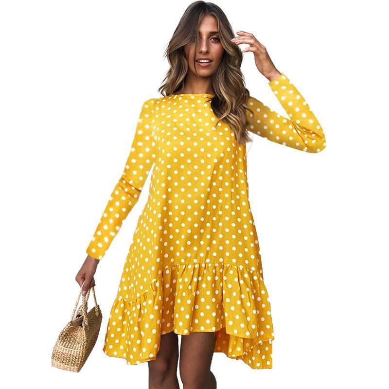 Dame Retro Polka Dot Kjole med Flæsekant og Lange Ærmer Stilla
