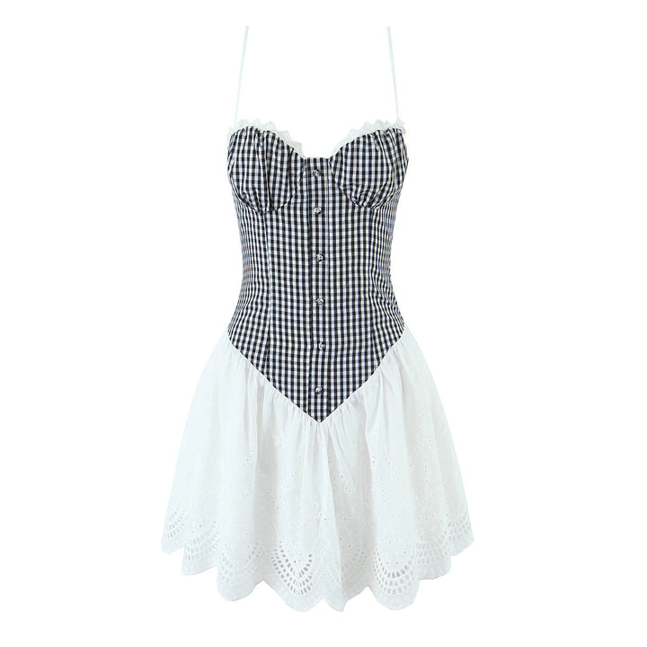 Dame fritidkjole med ruffles detaljer og ternet overdel Stilla