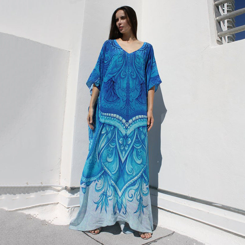 Dame Strandkaftan med kunstnerisktryk og flydende snit Stilla