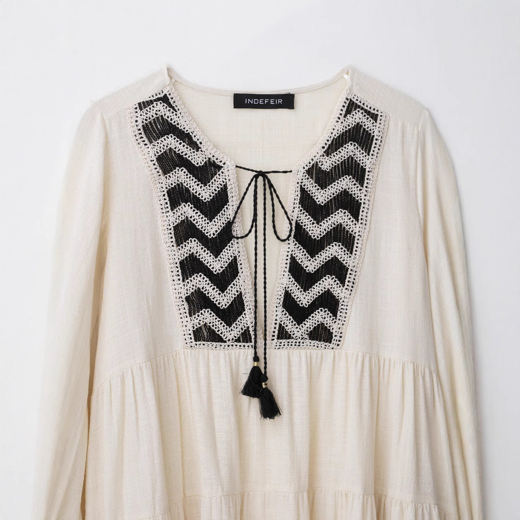 Femme Bohemian Gestufte Midi Kjole med Broderi Stilla